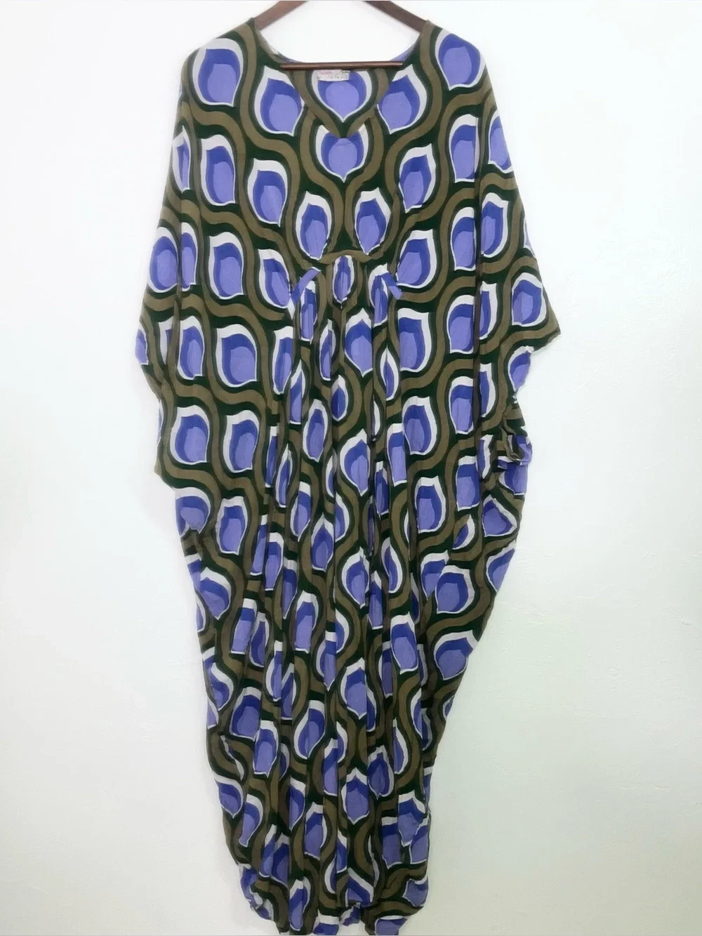 Free People Groovy Baby Maxi Kaftan Dress Olive Periwinkle Retro Mod 70s Boho